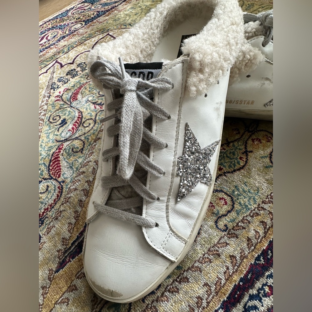 Golden Goose Super-Star Sabot in white leather and shearling lining